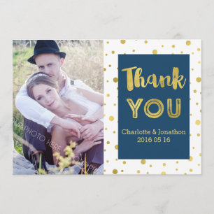 Gold Confetti Navy Wedding Thank You Photo Cards