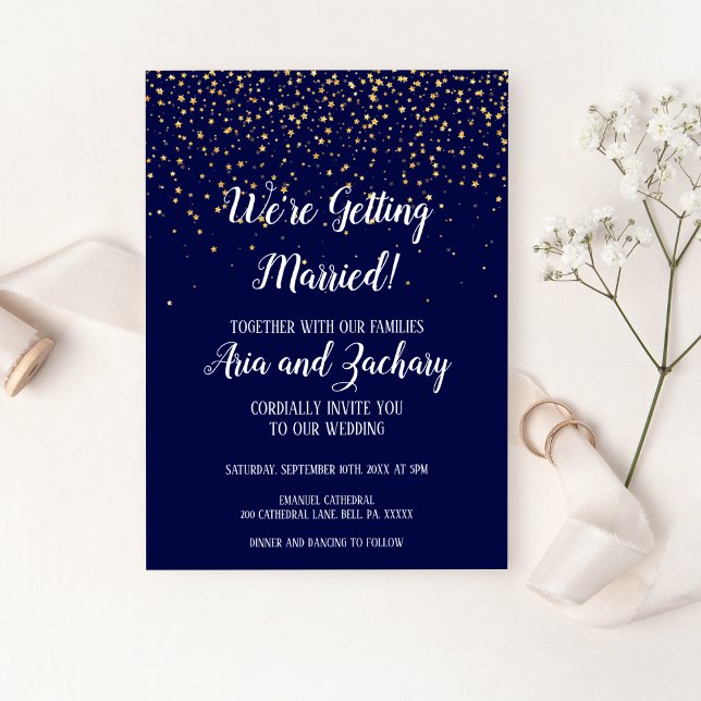 Gold Confetti|Navy We're Getting Married Wedding Invitation (Creator Uploaded)
