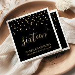 Gold Confetti on Black 16th Birthday Party Napkin<br><div class="desc">Help them celebrate their 16th birthday in style with this simple but elegant design, featuring faux gold triangular confetti sifting down on the word "eighteen" in stylish gold handwriting font on a black background. Personalize it with the name of the honoree in gold sans serif font, along with the occasion...</div>