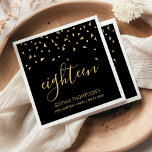 Gold Confetti on Black 18th Birthday Party Napkin<br><div class="desc">Help them celebrate their 18th birthday in style with this simple but elegant design, featuring faux gold triangular confetti sifting down on the word "eighteen" in stylish gold handwriting font on a black background. Personalize it with the name of the honoree in gold sans serif font, along with the occasion...</div>