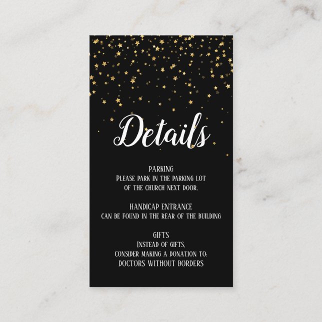 Gold Confetti on Black Anniversary Details Card (Front)