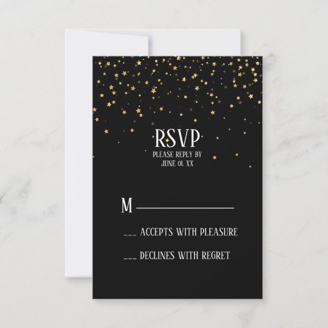 Gold Confetti on Black Bachelorette Party RSVP (Front)