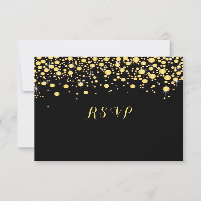 Gold Confetti on Black, Custom, RSVP Card (Front)