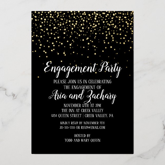 Gold Confetti on Black Engagement Party Gold (Front)