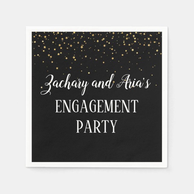 Gold Confetti on Black Engagement Party Napkins (Front)