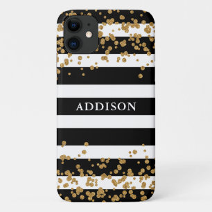 Gold Confetti on Black Stripe Pattern iPhone 11 Case