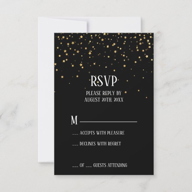 Gold Confetti on Black Wedding RSVP Card (Front)