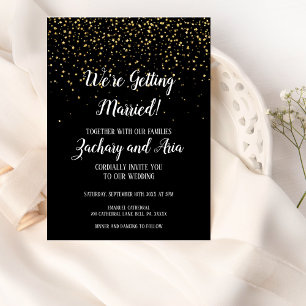 Gold Confetti on Black We're Getting Wedding Invitation