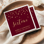 Gold Confetti on Burgundy 16th Birthday Party Napkin<br><div class="desc">Help them celebrate their 16th birthday in style with this simple but elegant design, featuring faux gold triangular confetti sifting down on the word "eighteen" in stylish gold handwriting font on a burgundy red background. Personalize it with the name of the honoree in gold sans serif font, along with the...</div>