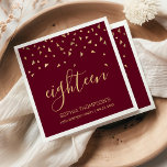 Gold Confetti on Burgundy 18th Birthday Party Napkin<br><div class="desc">Help them celebrate their 18th birthday in style with this simple but elegant design, featuring faux gold triangular confetti sifting down on the word "eighteen" in stylish gold handwriting font on a burgundy red background. Personalize it with the name of the honoree in gold sans serif font, along with the...</div>