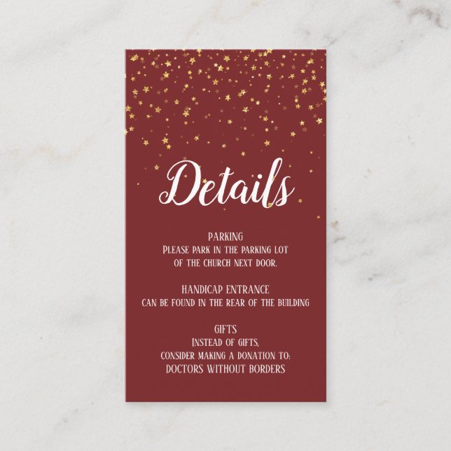 Gold Confetti on Burgundy Details Insert Card (Front)