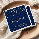 Gold Confetti on Navy Blue 16th Birthday Party Napkin<br><div class="desc">Help them celebrate their 16th birthday in style with this simple but elegant design, featuring faux gold triangular confetti sifting down on the word "eighteen" in stylish gold handwriting font on a navy blue background. Personalize it with the name of the honoree in gold sans serif font, along with the...</div>
