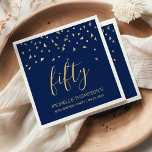 Gold Confetti on Navy Blue 50th Birthday Party Napkin<br><div class="desc">Celebrate their 50th birthday in style with this simple but elegant design, featuring faux gold triangular confetti sifting down on the word "fifty" in stylish gold handwriting font on a navy blue background. Personalize it with the name of the honoree in gold sans serif font, along with the occasion and...</div>
