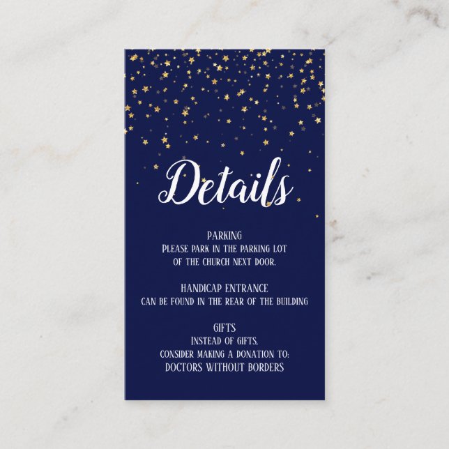 Gold Confetti on Navy Blue Details Insert Card (Front)