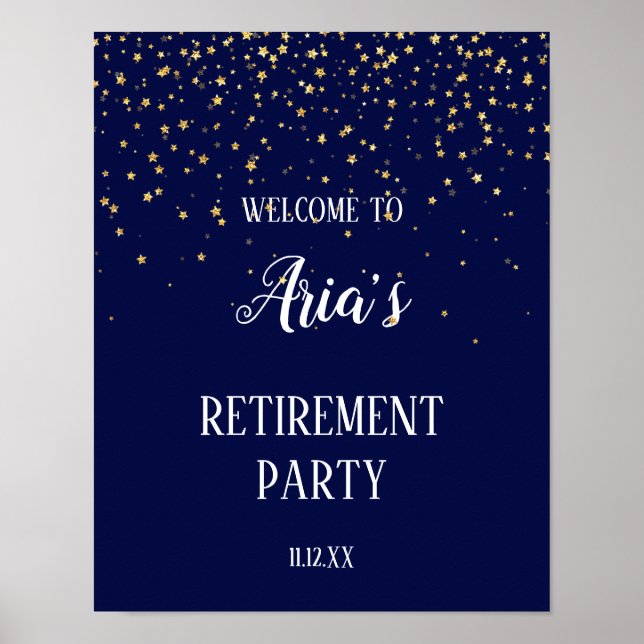 Gold Confetti on Navy Retirement Party Welcome Poster (Front)