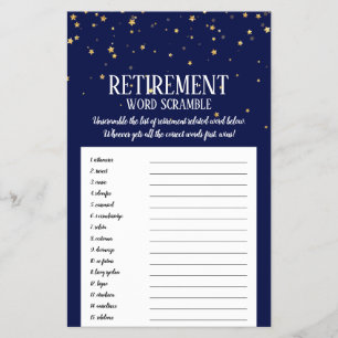 Gold Confetti on Navy Retirement Word Scramble Flyer