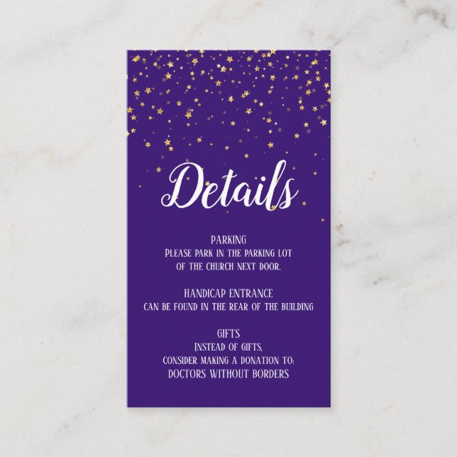 Gold Confetti on Purple Details Insert Card (Front)