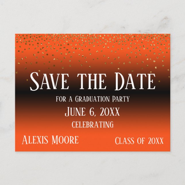 Gold Confetti Orange Graduation Save the Date Postcard (Front)