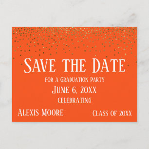 Gold Confetti Orange Graduation Save the Date Postcard