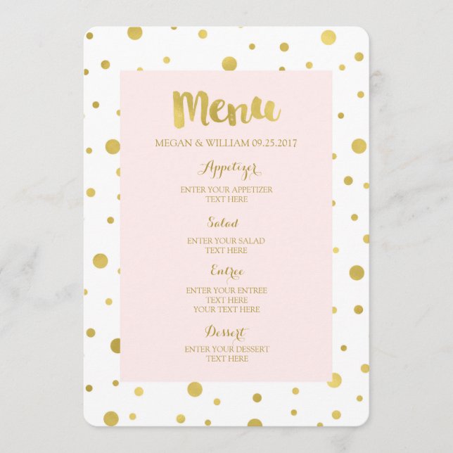 Gold Confetti Pastel Blush Pink Mariage Menu (Devant)