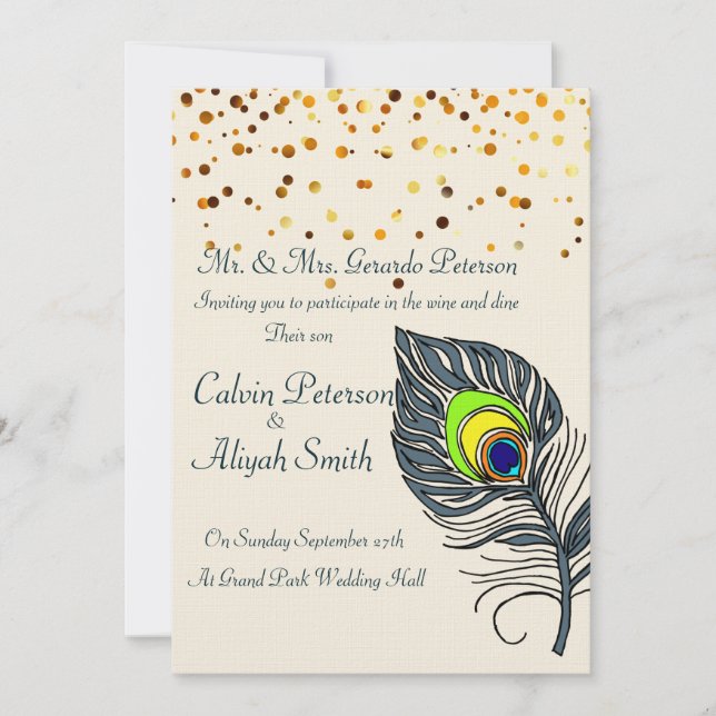 Gold Confetti Peacock Feathers Wedding Invitation (Front)