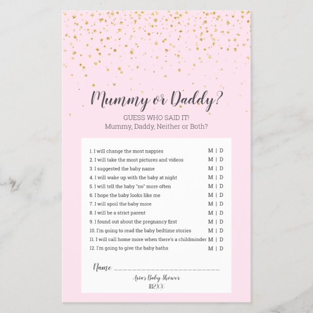 Gold Confetti Pink Baby Shower Mummy or Daddy Game Flyer (Front)