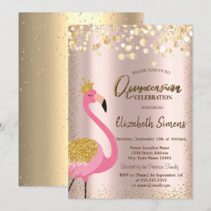 Gold Confetti Pink Flamingo Rose Gold Quinceañera Invitation