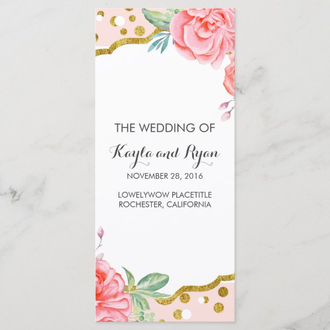 Gold Confetti Pink Floral Stripes Wedding Programs (Front)