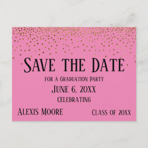 Gold Confetti Pink Graduation Party Save the Date Postcard