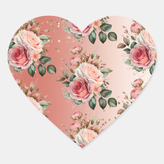 Gold Confetti Pink Roses Floral Heart Sticker (Front)