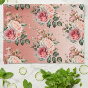 Gold Confetti Pink Roses Floral Kitchen Towel