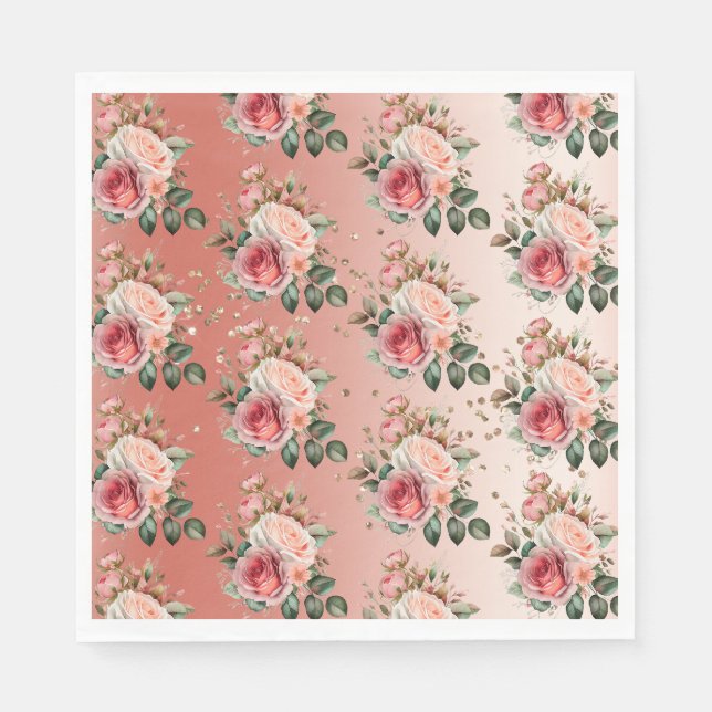 Gold Confetti Pink Roses Floral Napkin (Front)