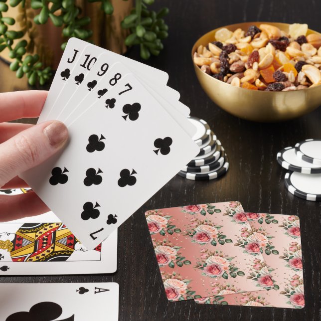 Gold Confetti Pink Roses Floral Playing Cards (In Situ)