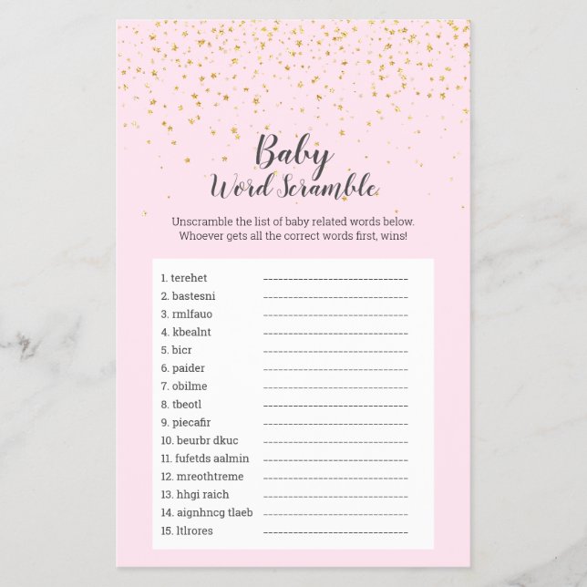 Gold Confetti Pink Shower Baby Word Scramble Game Flyer (Front)