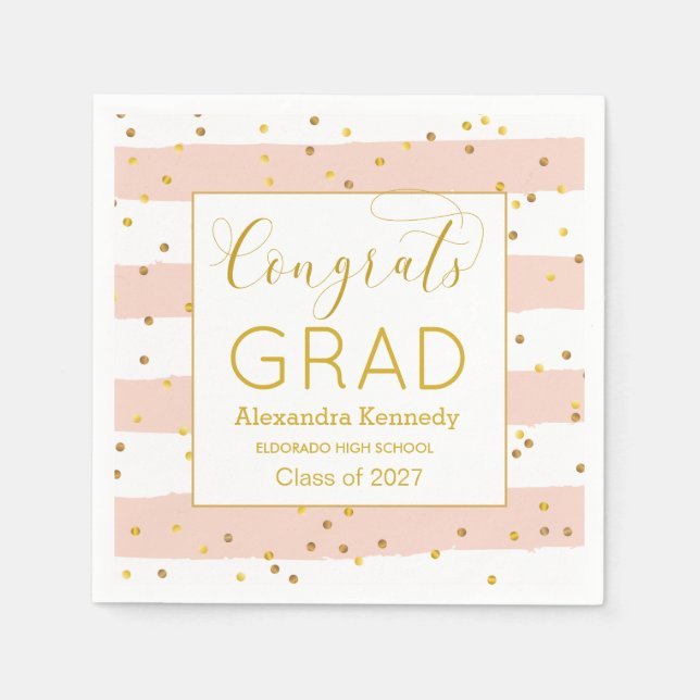 Gold Confetti Pink Stripes Graduation Paper Napkin (Front)