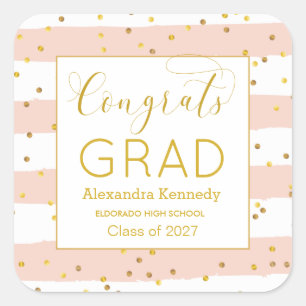 Gold Confetti Pink Stripes Graduation Square Sticker