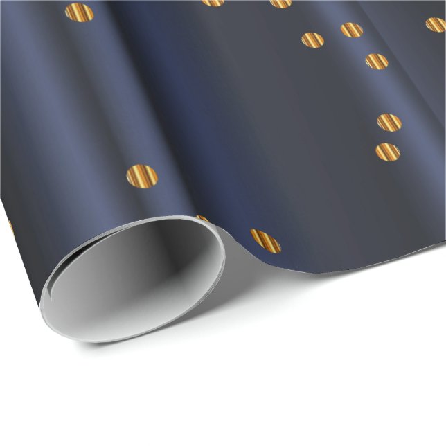 Gold Confetti Polka Dots on Navy Blue Satin Wrapping Paper (Roll Corner)