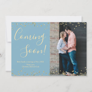Gold Confetti Pregnancy Announcement Card on Blue