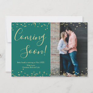 Gold Confetti Pregnancy Announcement Card on Green