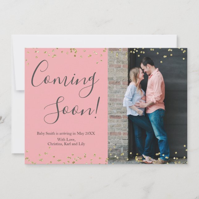 Gold Confetti Pregnancy Announcement Card on Pink (Front)