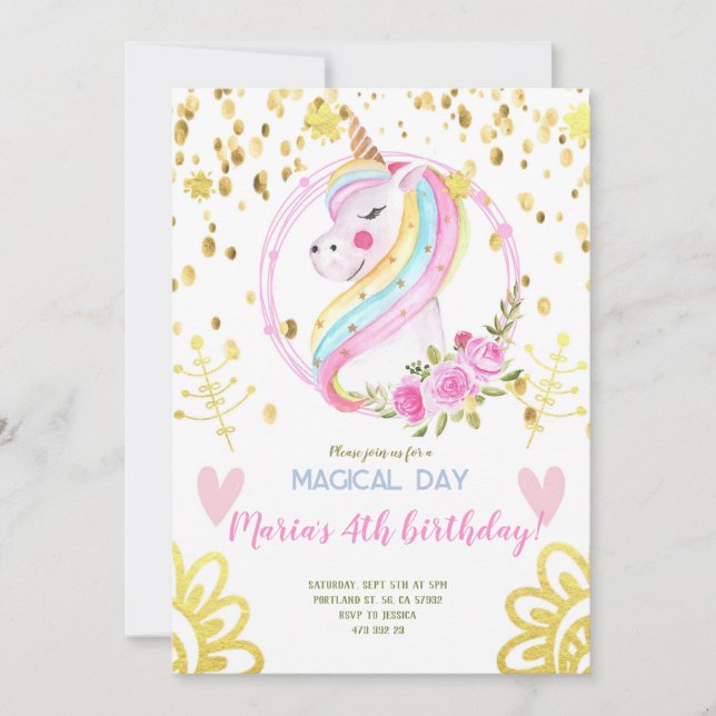 Gold Confetti Rainbow Unicorn face Birthday Invitation (Front)