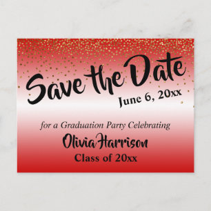 Gold Confetti Red Graduation Save the Date Postcard