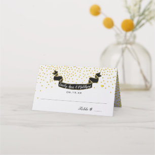 Gold Confetti Retro Black Banner Wedding Place Card