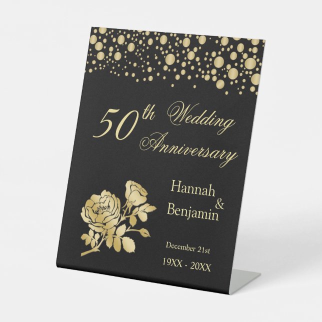 Gold Confetti Roses  50th Wedding Anniversary Pedestal Sign (Front)