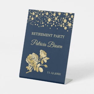 Gold Confetti Roses Retirement Party Pedestal Sign