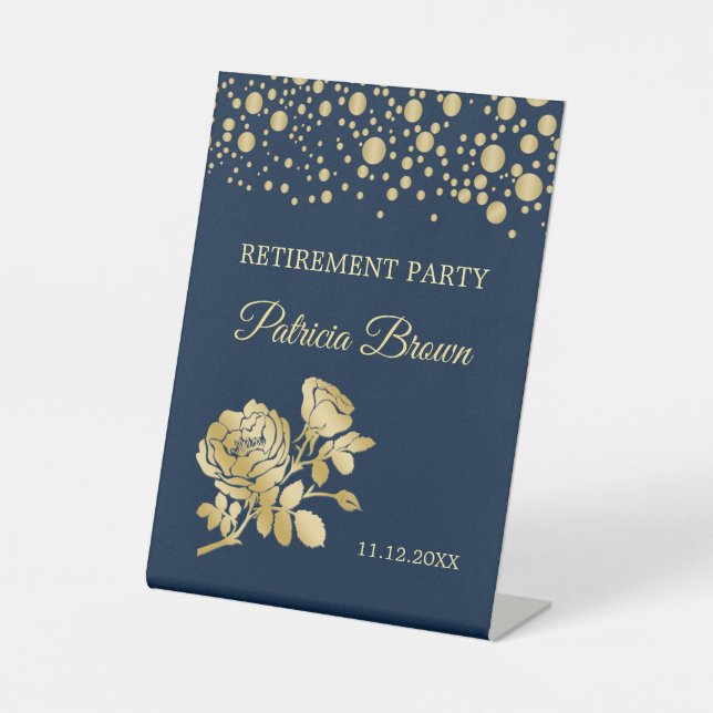 Gold Confetti Roses Retirement Party Pedestal Sign (Front)