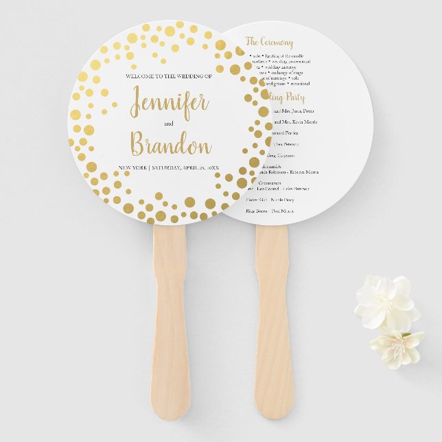 Gold confetti round wedding program fan (Front and Back)