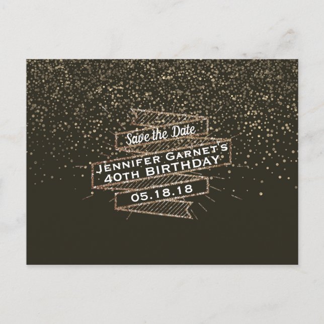Gold Confetti Save the Date Elegant Birthday Party Announcement Postcard (Front)