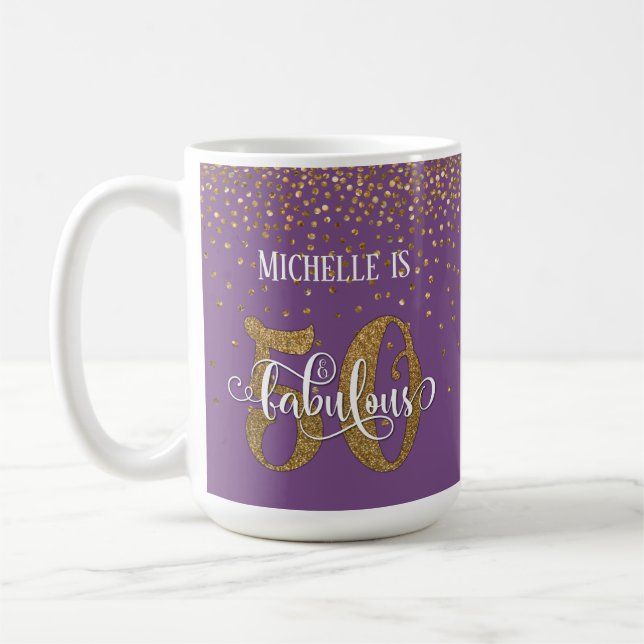 Gold Confetti Script 50 & Fabulous Over Purple Coffee Mug (Left)