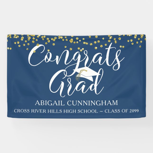 Gold Confetti Script CONGRATS Bannière Bleue GRAD (Horizontal)
